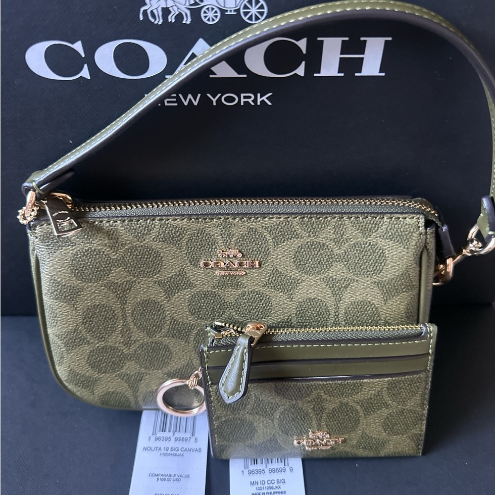 Coach Bundle!! Nolita 19 and Mini Skinny Id Case In Signature Canvas Gold/Olive - Picture 2 of 7